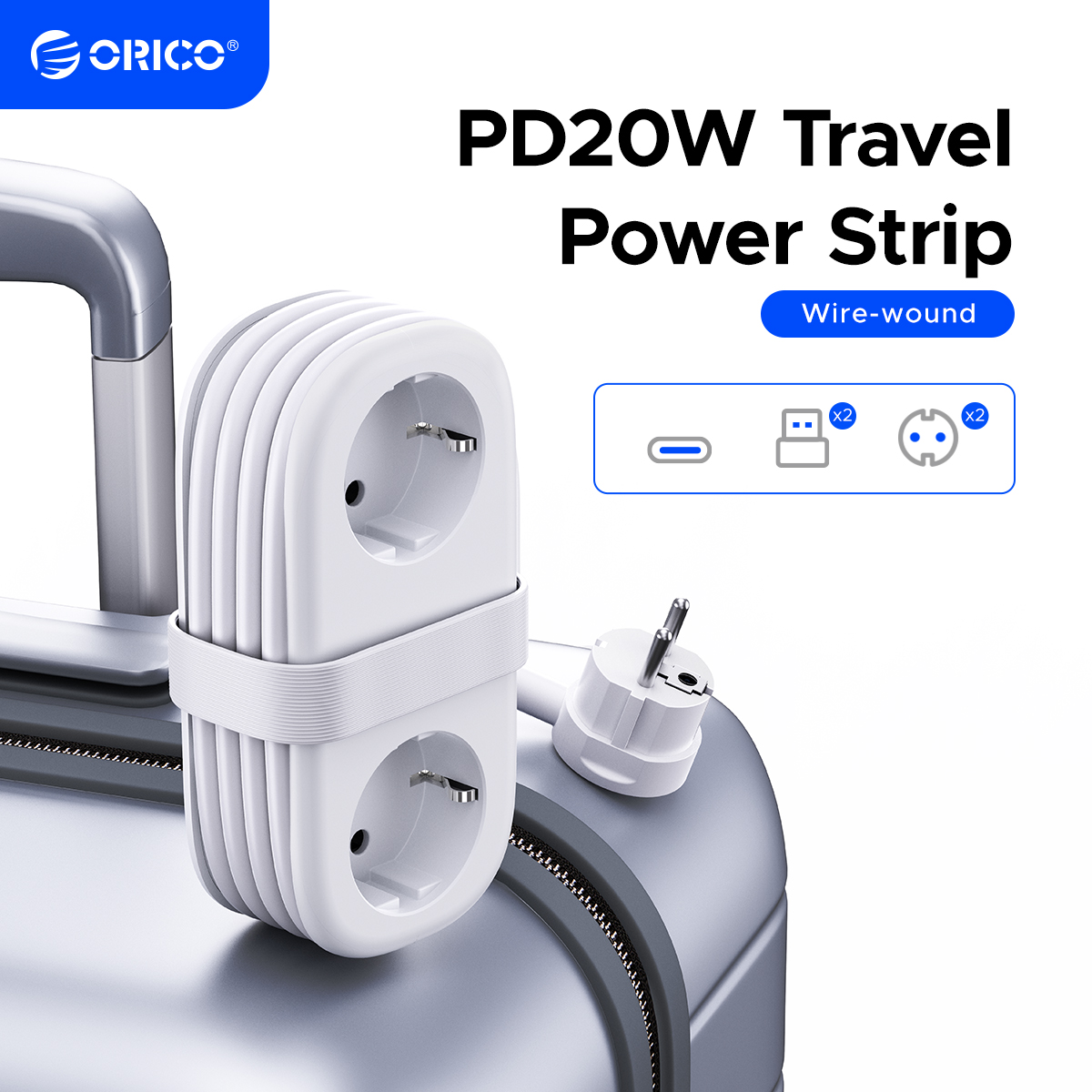 Home Improvement Outlet - ORICO 20W EUプラグ電源タップ、ACコンセント2口、USBポート2口、Type-Cポート1口、1.53m延長ケーブル付きスマートソケット（家庭/旅行用）